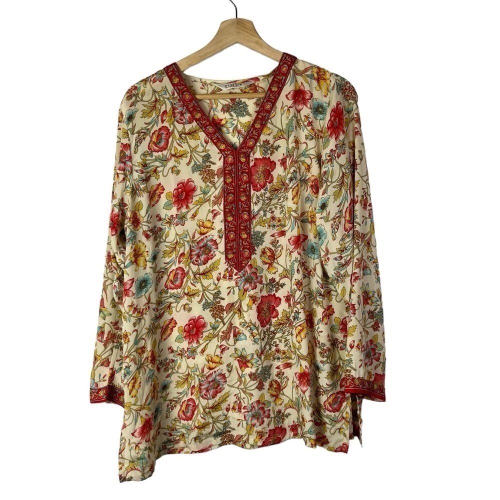 Biba Cream Colorful Floral Satin Printed Straight Long Sleeve Kurta Top M